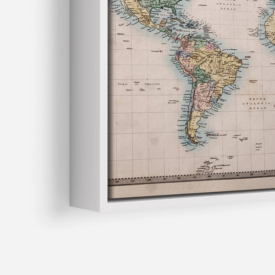 Obraz w ramie 80x80 - Światło Przeszłości - retro mapa świata, mapa - rama biała