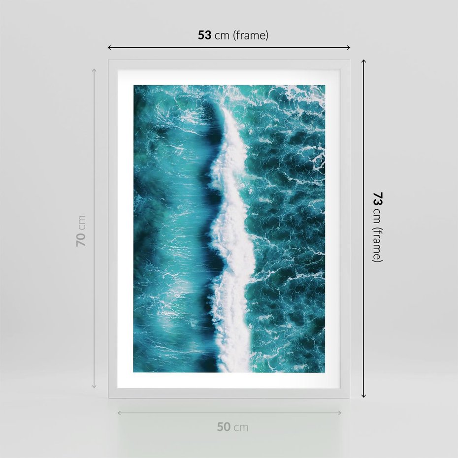Plakat w ramie 50x70 - Błękitna Siła Oceanu - fale, ocean - rama biała
