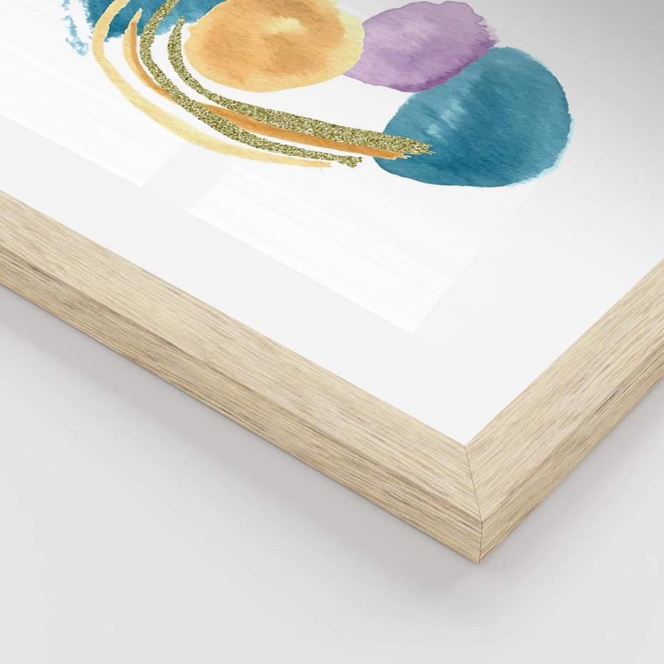 Plakat w ramie 50x70 - Migocące Barwy Akwarel - akwarelowe plamy w odcieniach błękitu, złote kreski - rama drewno