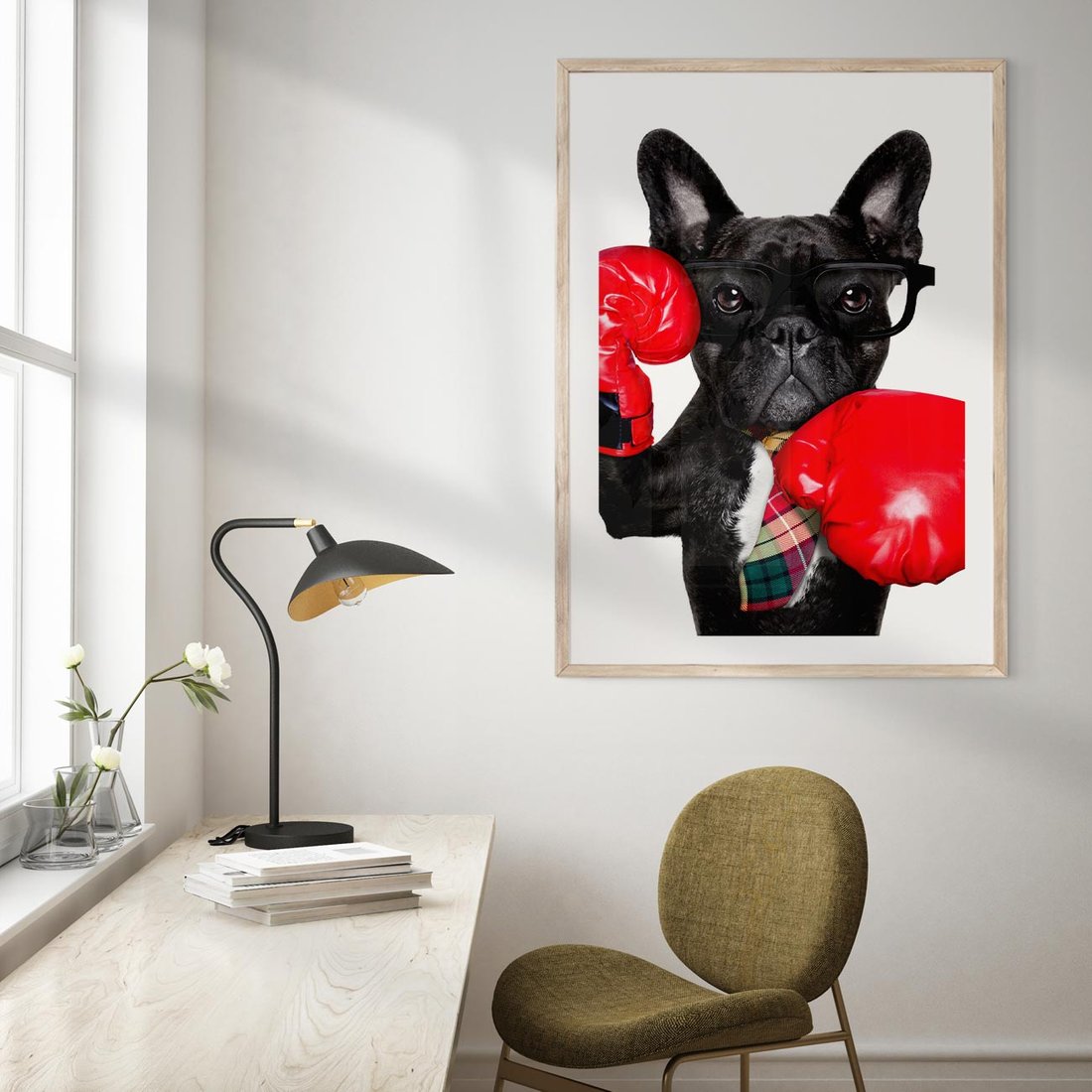 Plakat w ramie 30x40 - Boksujący mops - pies - boks, mops - rama drewno