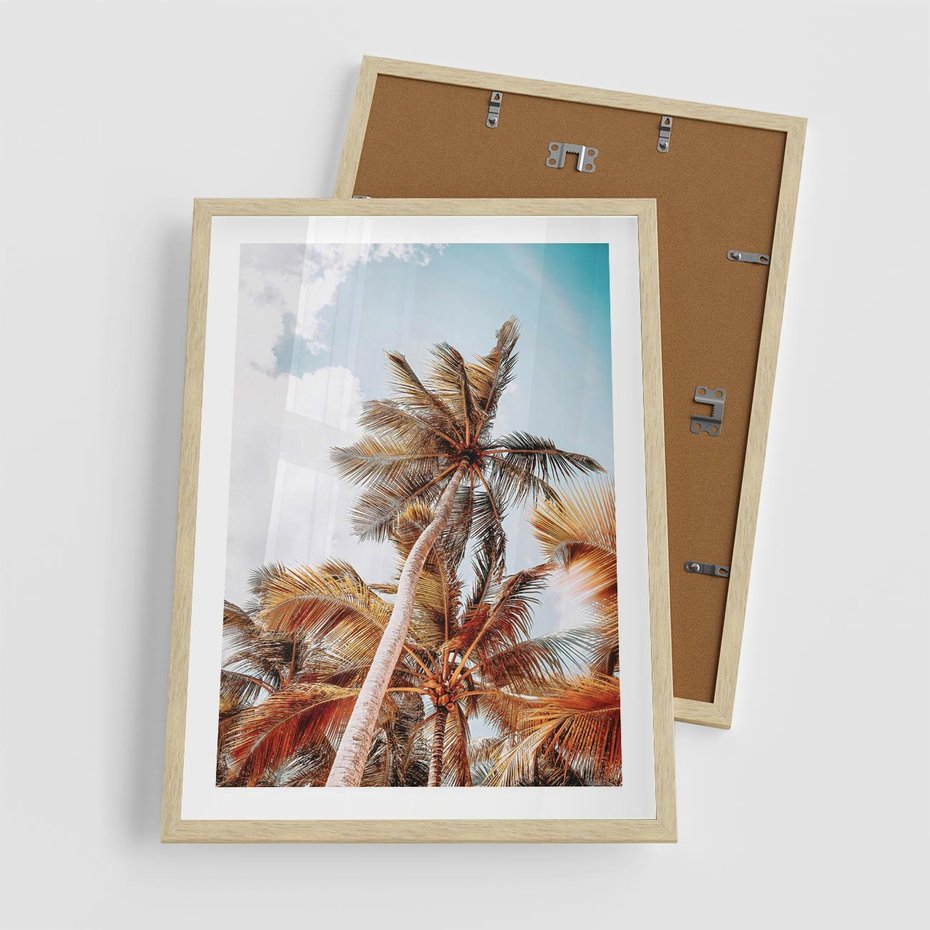 Plakat w ramie 50x70 - Plażowa Idylla z Palmami - palmy, rajska plaża - rama drewno