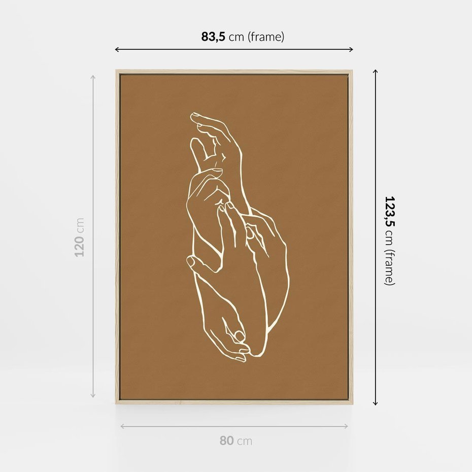 Obraz w ramie 80x120 - Splecione Dłonie - szkic, minimalizm - rama drewno