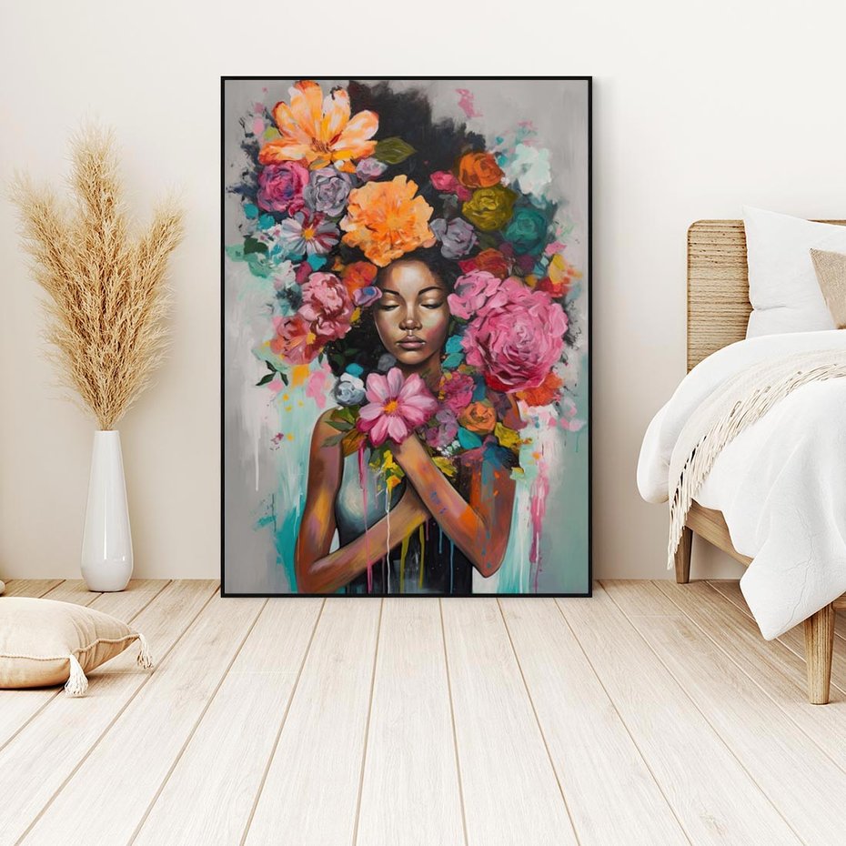 Obraz w ramie 70x100 - Z Głową w Kwiatach - obraz olejny, sztuka nowoczesna - rama czarna