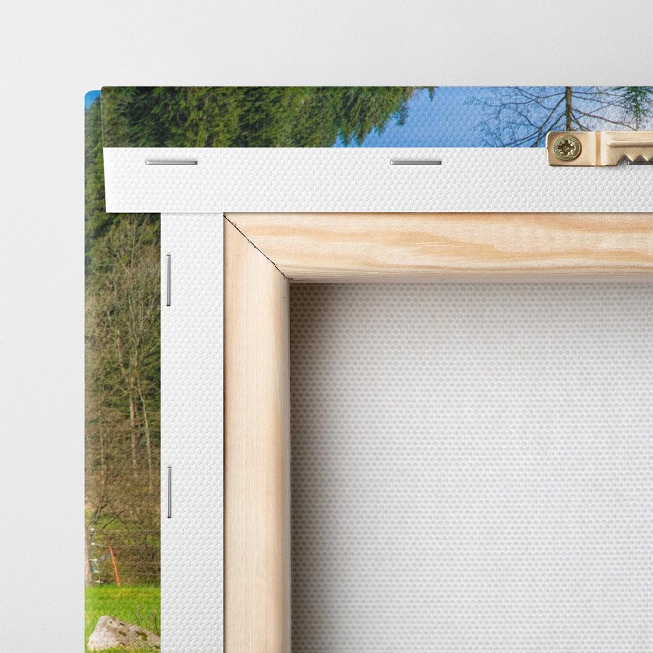 Obraz na płótnie 30x30 - Urok górskiego domku nad strumykiem - domek, góry