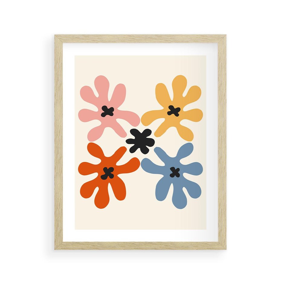 Plakat w ramie 40x50 - Taniec Akwareli - abstrakcyjne wielokolorowe kwiaty, minimalizm - rama drewno