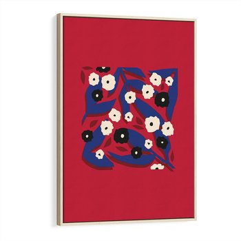 Obraz w ramie 50x70 - Kolorowe Przenikanie - abstrakcyjna kwiatowa kompozycja, czerwone mocne tło - rama drewno