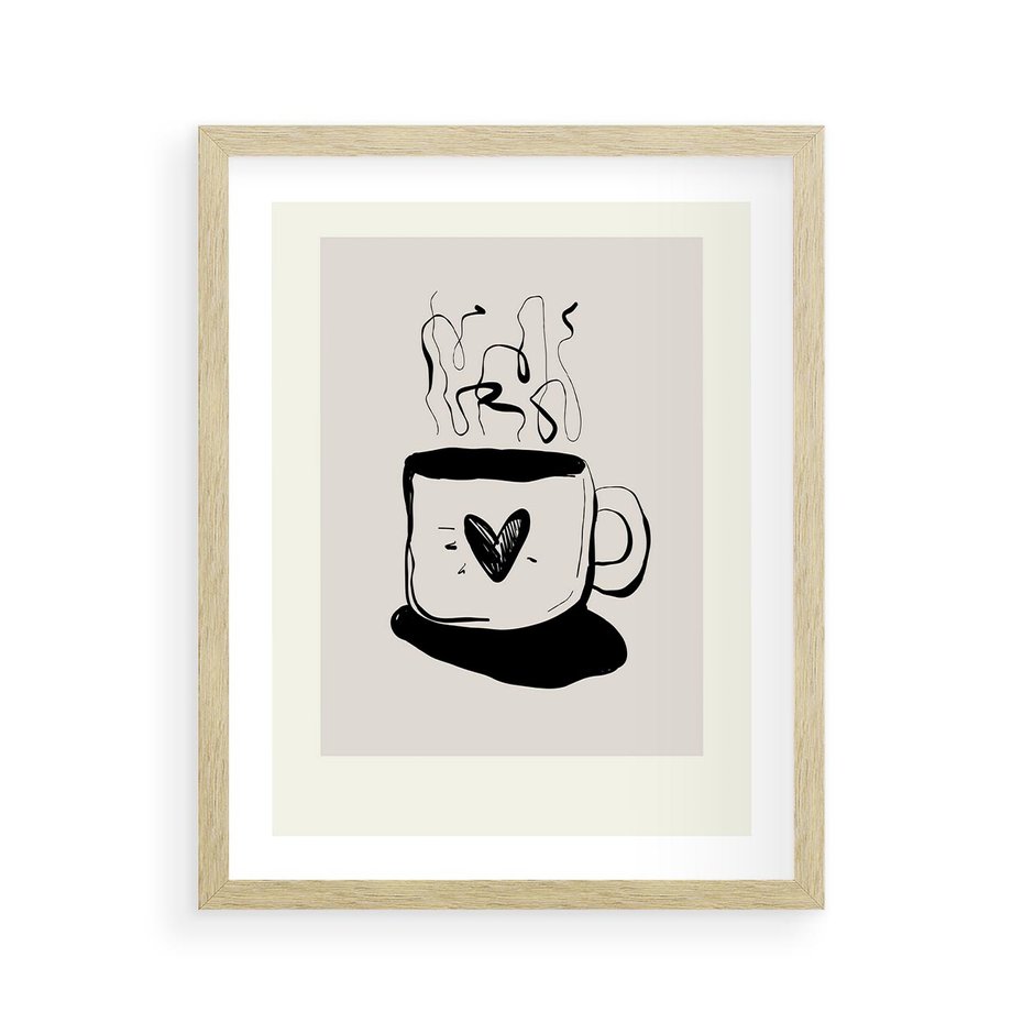Plakat w ramie 40x50 - Grafika Kubka w Czerni i Bieli - kubek, grafika - rama drewno