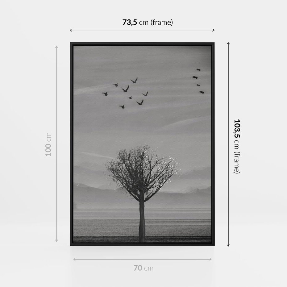 Obraz w ramie 70x100 - Samotne Drzewo - samotne drzewo w polu, czarno białe zdjęcie - rama czarna