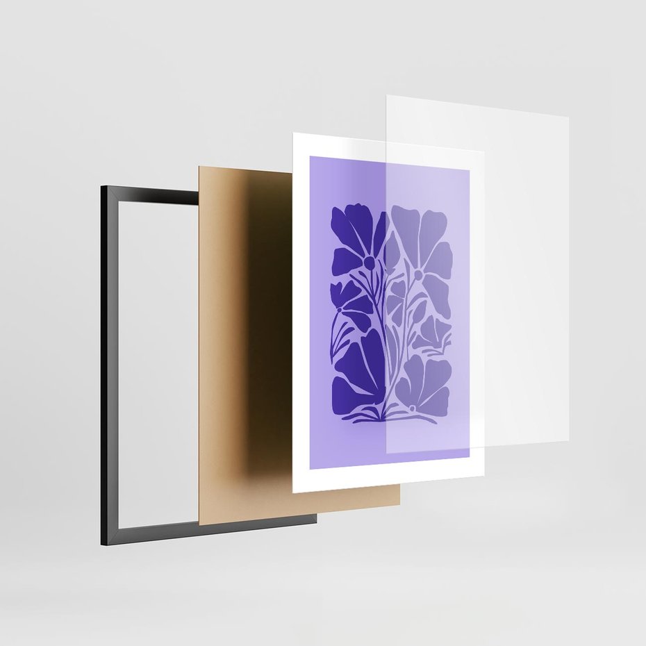 Plakat w ramie 30x40 - Migocące Boho Wibracje - kwiaty, energetyczne fioletowe tło - rama czarna