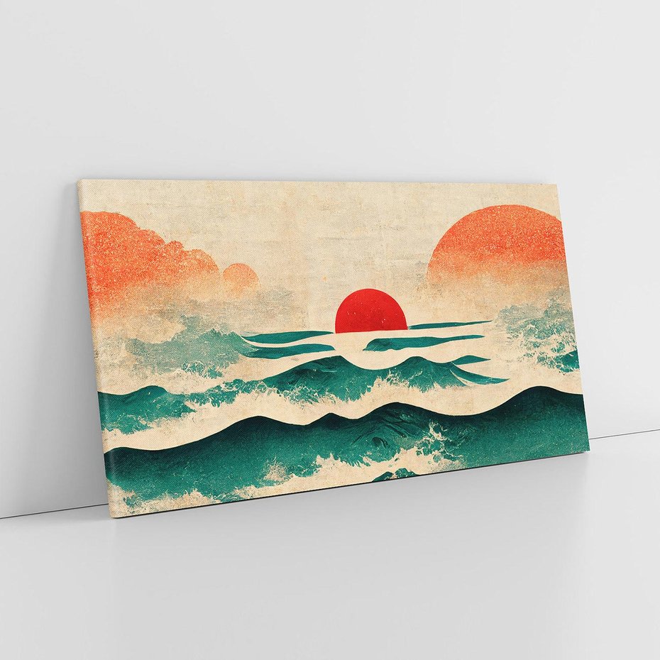 Obraz na płótnie 120x60 - Czerwone Melodie - japońska sztuka, zachód słońca nad oceanem