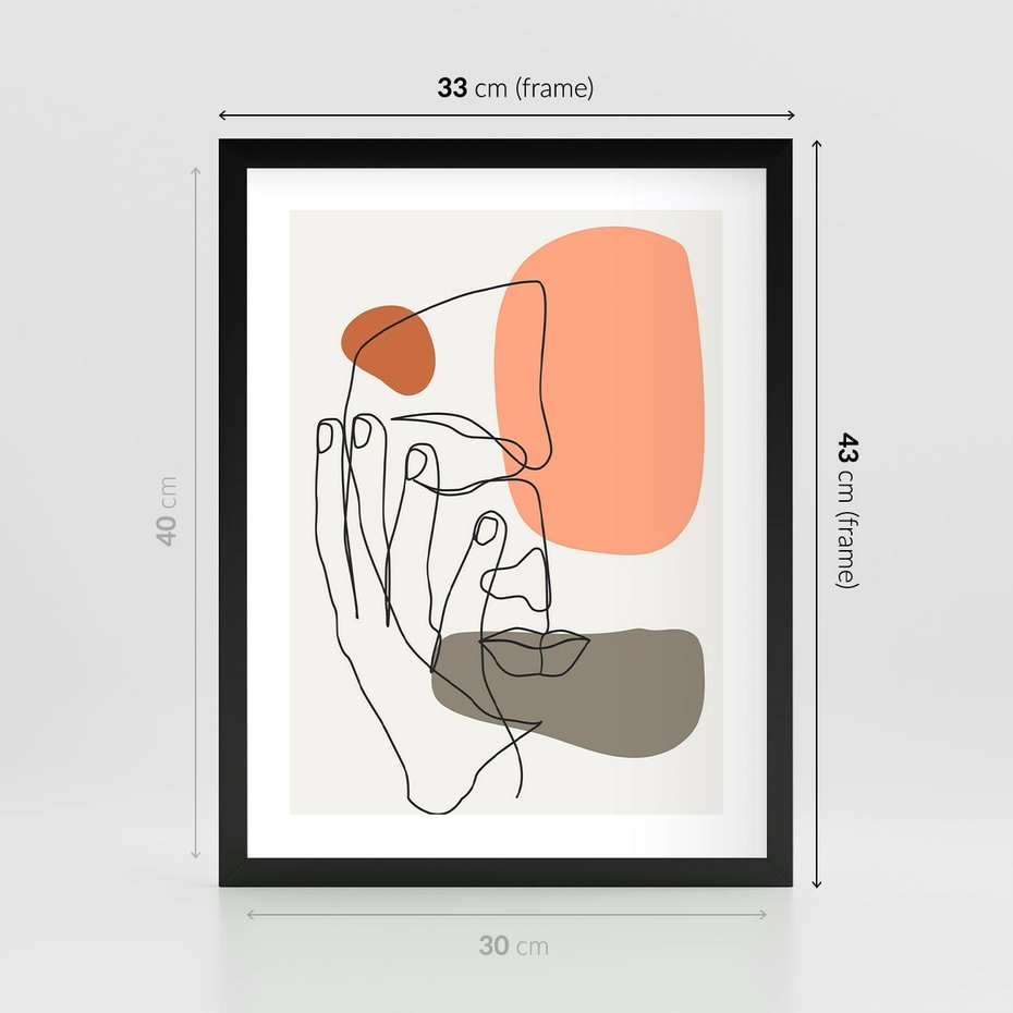 Plakat w ramie 30x40 - Ekspresja Kolorów: Szkic - one line szkic twarzy, kolorowe plamy - rama czarna