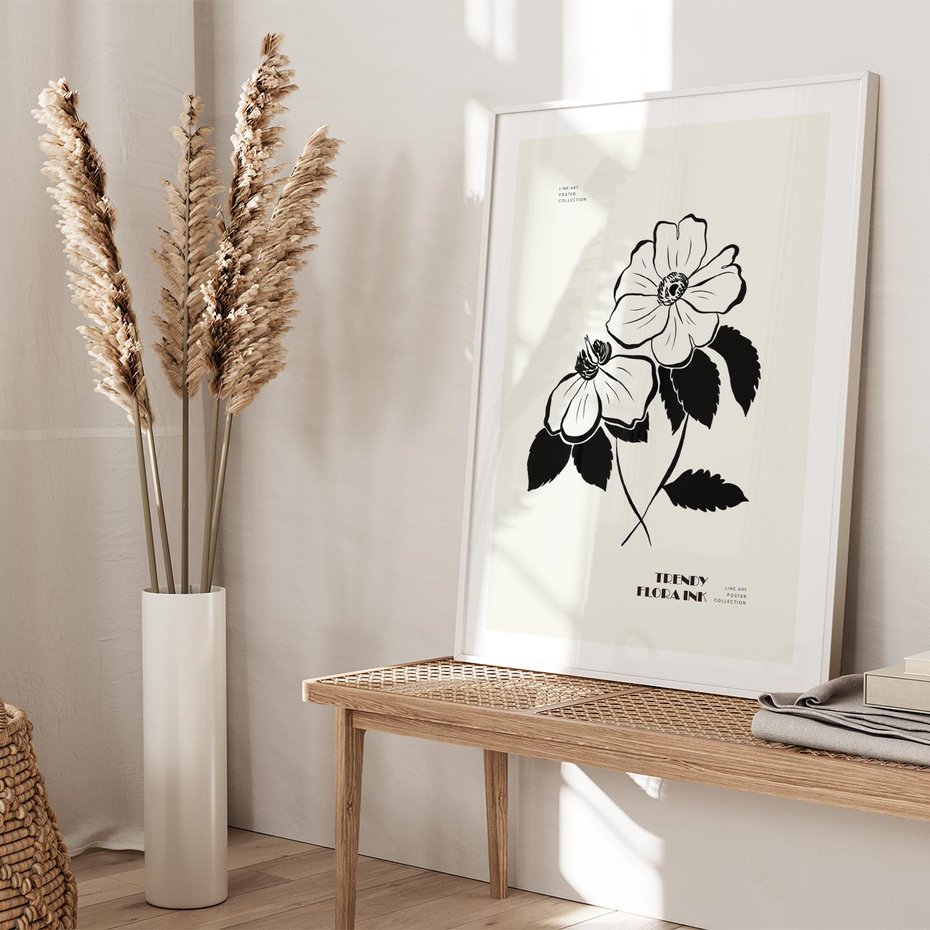 Plakat w ramie 50x70 - Poezja kwiecistej kreski - kwiaty, minimalistyczne - rama biała