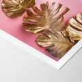 Plakat bez ramy 50x70 - Złote Liście Monstery: Delikatność na Różowym Tle - złote liście monstery, różowe tło