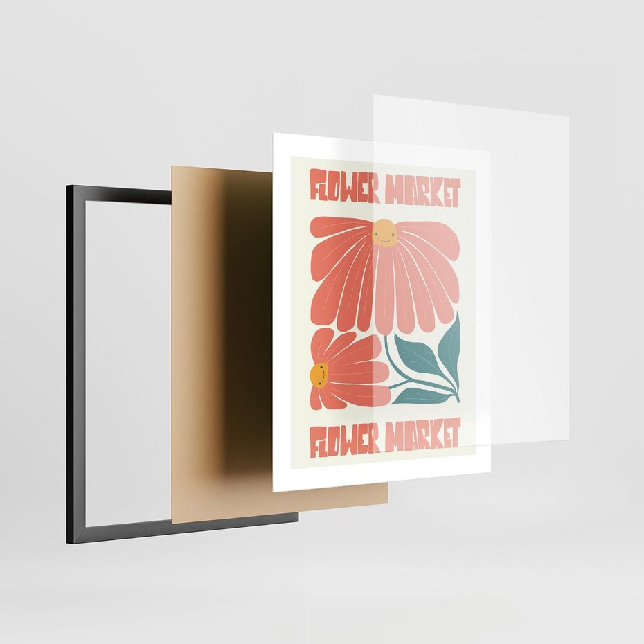 Plakat w ramie 40x50 - Retro Radość - typografia, wesołe kwiaty - rama czarna