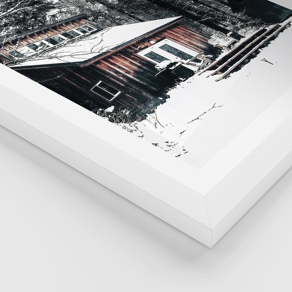 Plakat w ramie 40x50 - Zimowy Urok Drewnianego Domku - zima, drewniany domek - rama biała