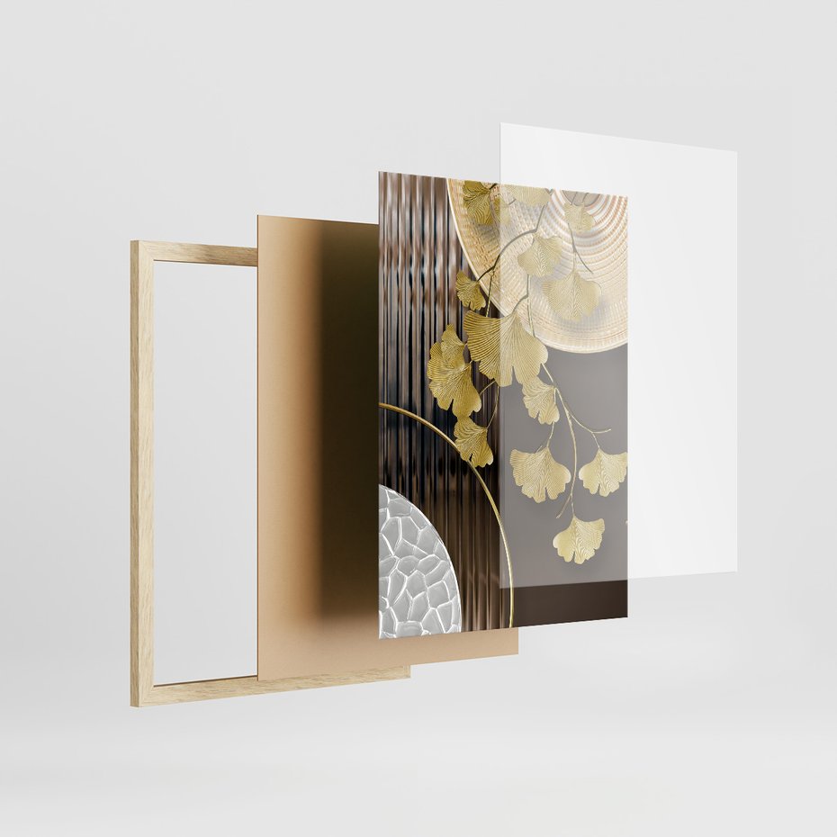 Zestaw obrazy w ramie 50x70 galeria - Japońskie, liście, abstrakcja, nowoczesny - rama drewno