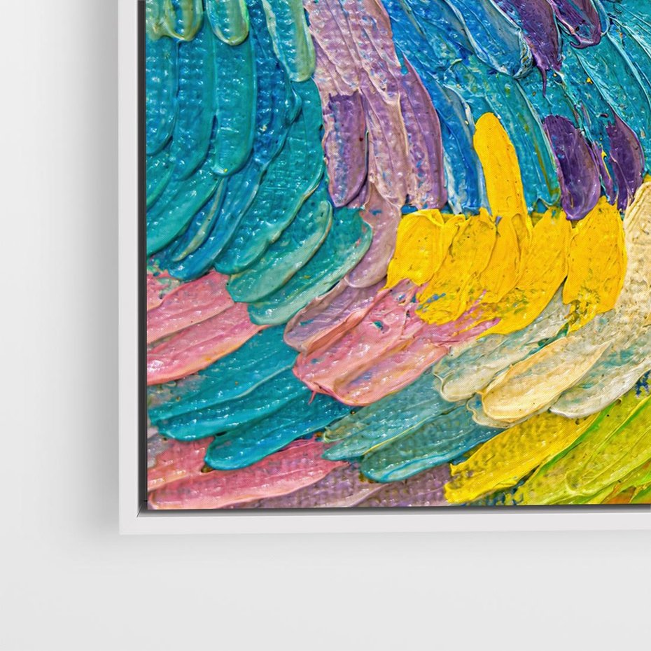 Obraz w ramie 80x80 - Egzotyczne Pióra - abstrakcyjne dzieło, farby olejne - rama biała