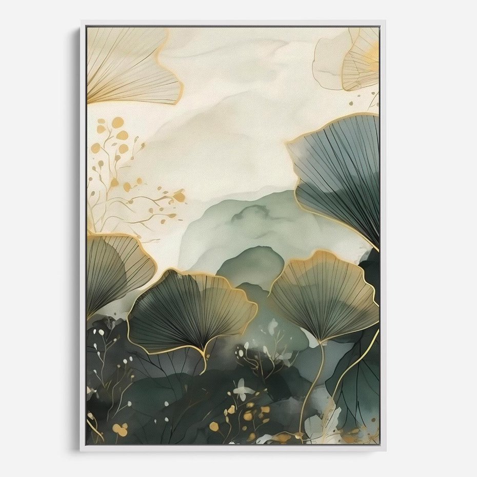 Obraz w ramie 70x100 - Natura w Złotym Odcieniu - złote elementy, liście miłorzębu japońskiego - rama biała