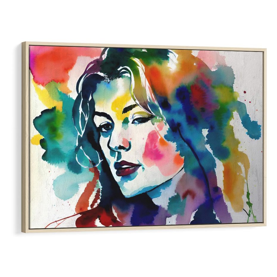 Obraz w ramie 70x50 - Abstrakcyjna ekstaza barw - abstrakcyjny portret kobiety, szkic czarną kreską - rama drewno