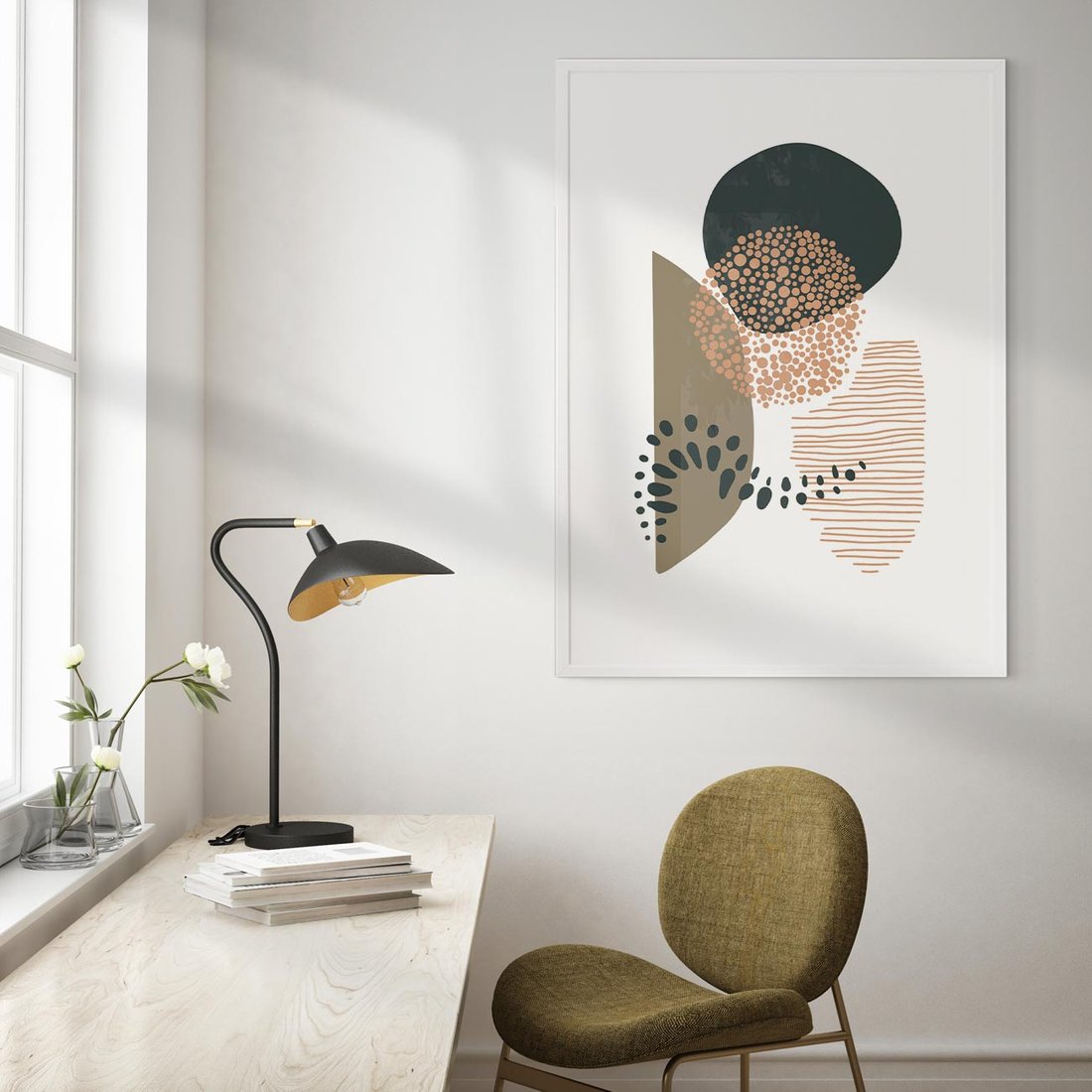 Plakat bez ramy 50x70 - Harmonia Akwarelowych Przestrzeni - abstrakcyjna kompozycja z kropek kresek i kółek, odcienie brązu i beżu