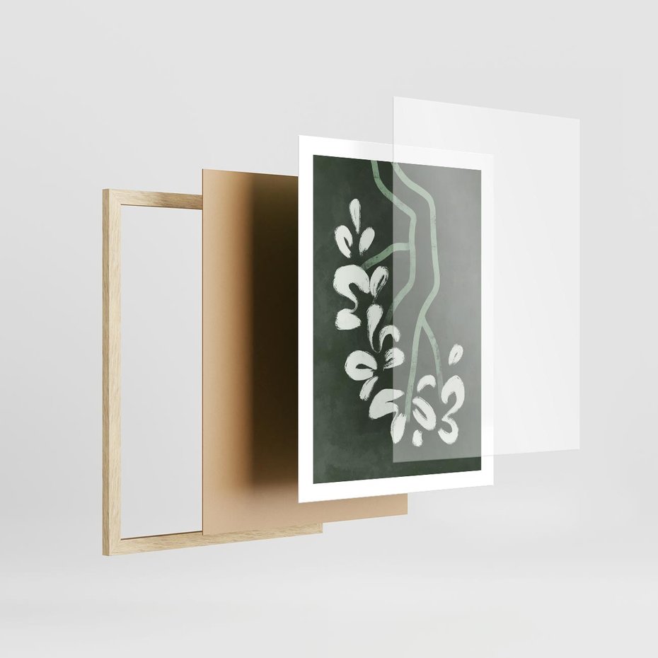 Plakat w ramie 50x70 - Rozkwitające Zielone Gałęzie - abstrakcyjne delikatne zielone linie, podobne do gałęzi kwiatów - rama drewno