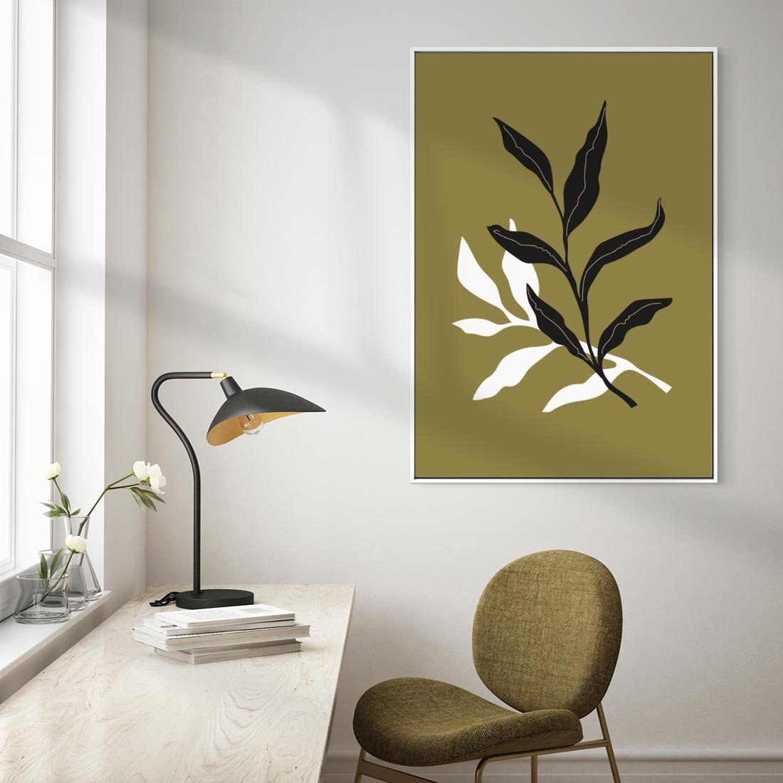 Obraz w ramie 80x120 - Wewnętrzne Odsłony - liście, gałązki - rama biała