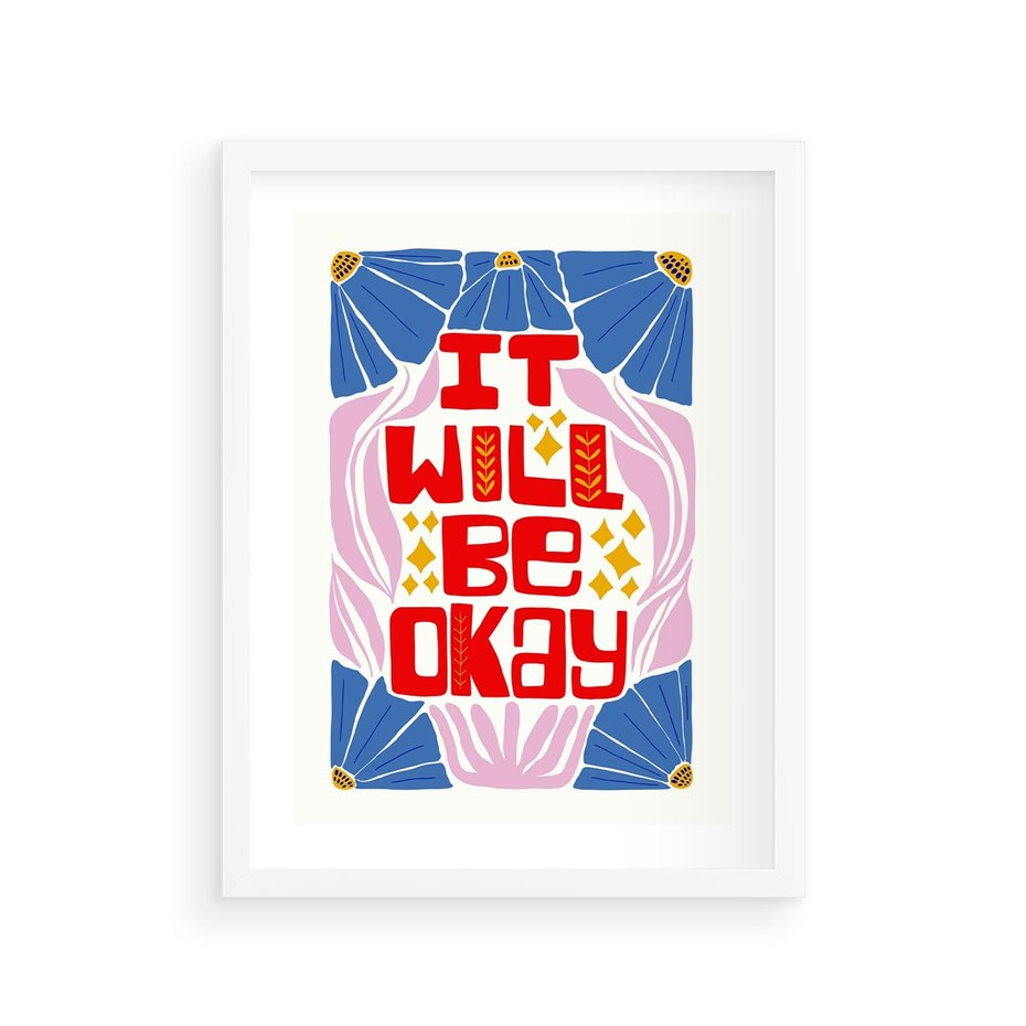 Plakat w ramie 30x40 - Kwiatowa Ekstaza - czerwona pozytywna typografia, kwiatowa kompozycja - rama biała