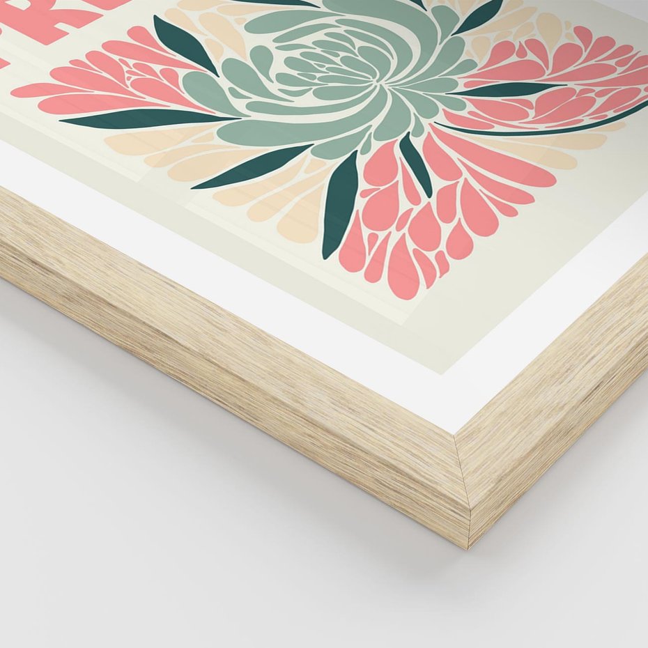 Plakat w ramie 50x70 - Rozbijające Barwy - abstrakcyjny pastelowy kwiat, wyrazista typografia - rama drewno