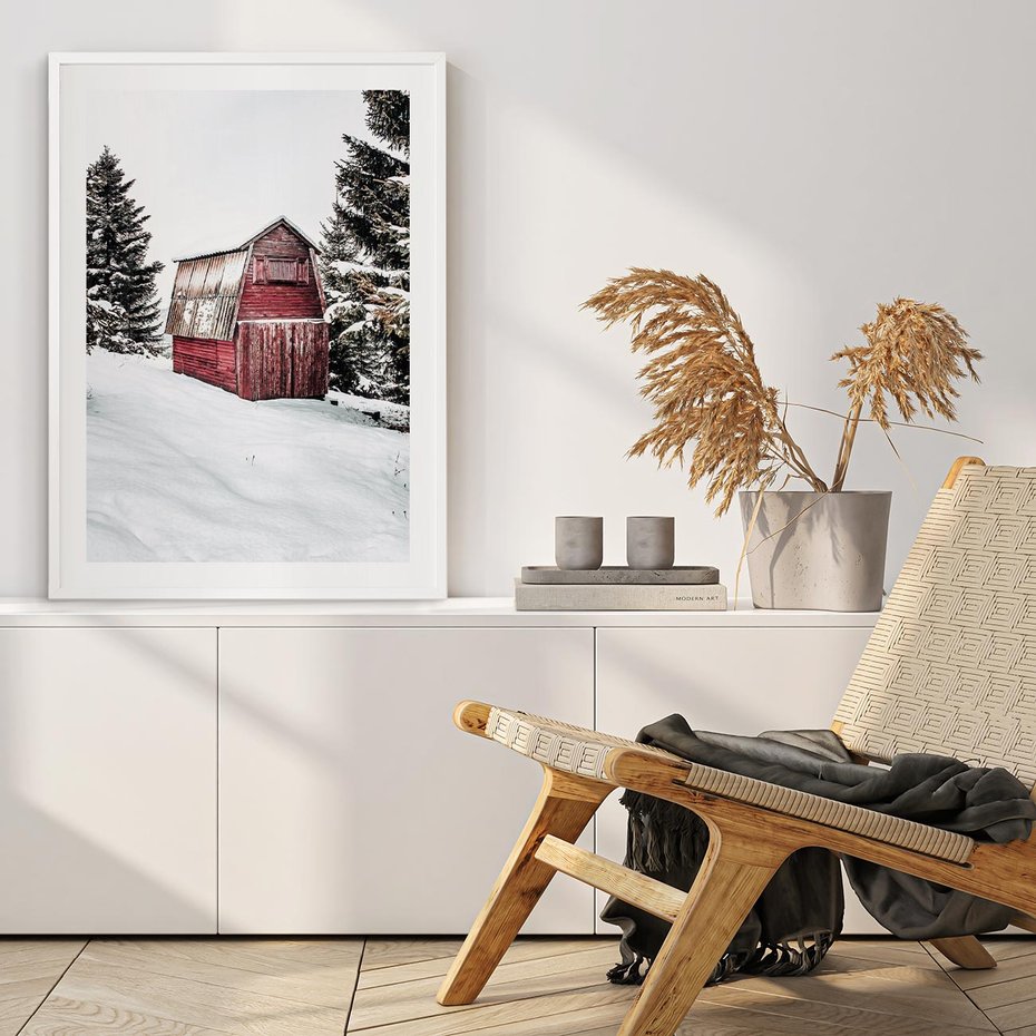 Plakat w ramie 40x50 - Domek w Śnieżnych Górach - domek, góry - rama biała