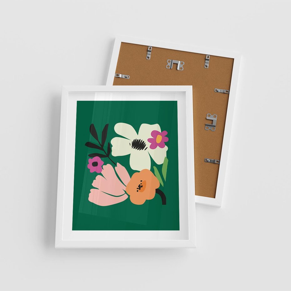 Plakat w ramie 40x50 - Rozbijające Echa - abstrakcyjne kwiaty, zielone tło - rama biała