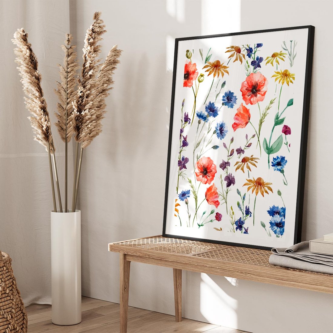 Plakat w ramie 50x70 - Kwiatowe radości na łące - kwiaty, łączka - rama czarna