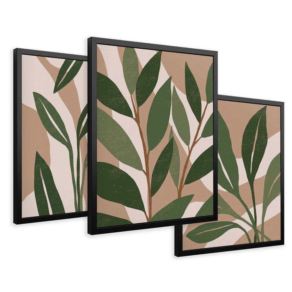 Zestaw obrazy w ramie 30x40 galeria - Liście, graficzne, boho - rama czarna