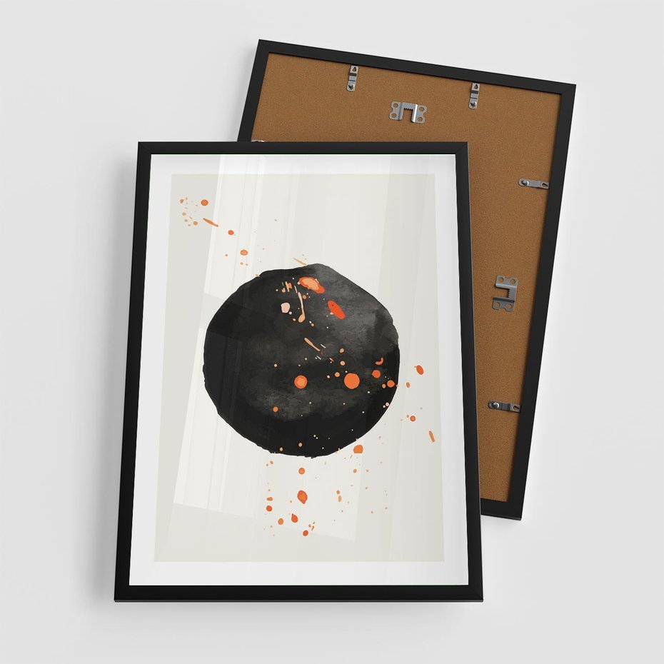 Plakat w ramie 50x70 - Wnętrza Marzeń - abstrakcyjna czarna plama, rozsiane pomarańczowe kropki - rama czarna