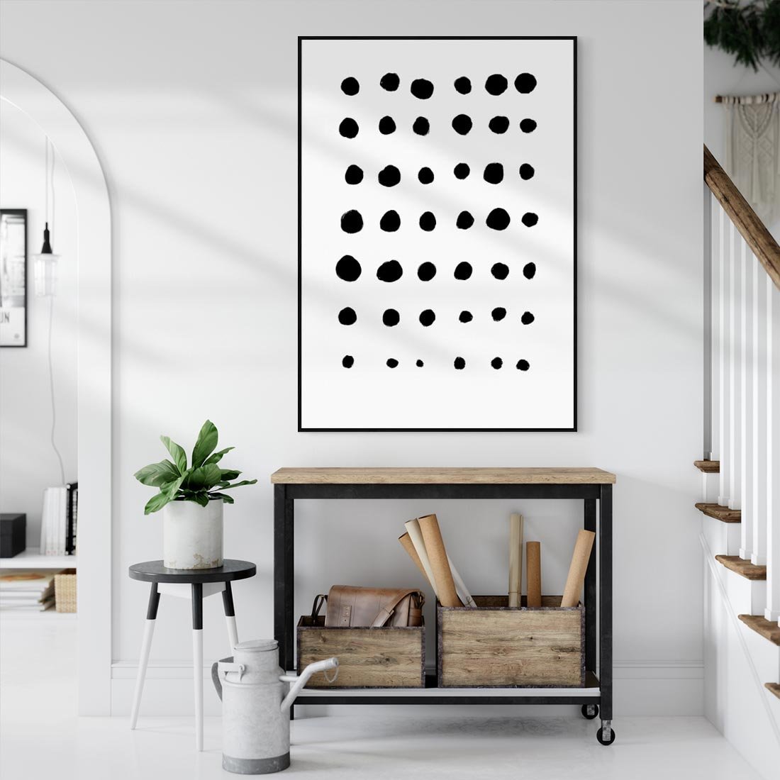 Obraz w ramie 70x100 - Refleksje Światła - minimalistyczna kompozycja, czarne kropkina białym tle - rama czarna