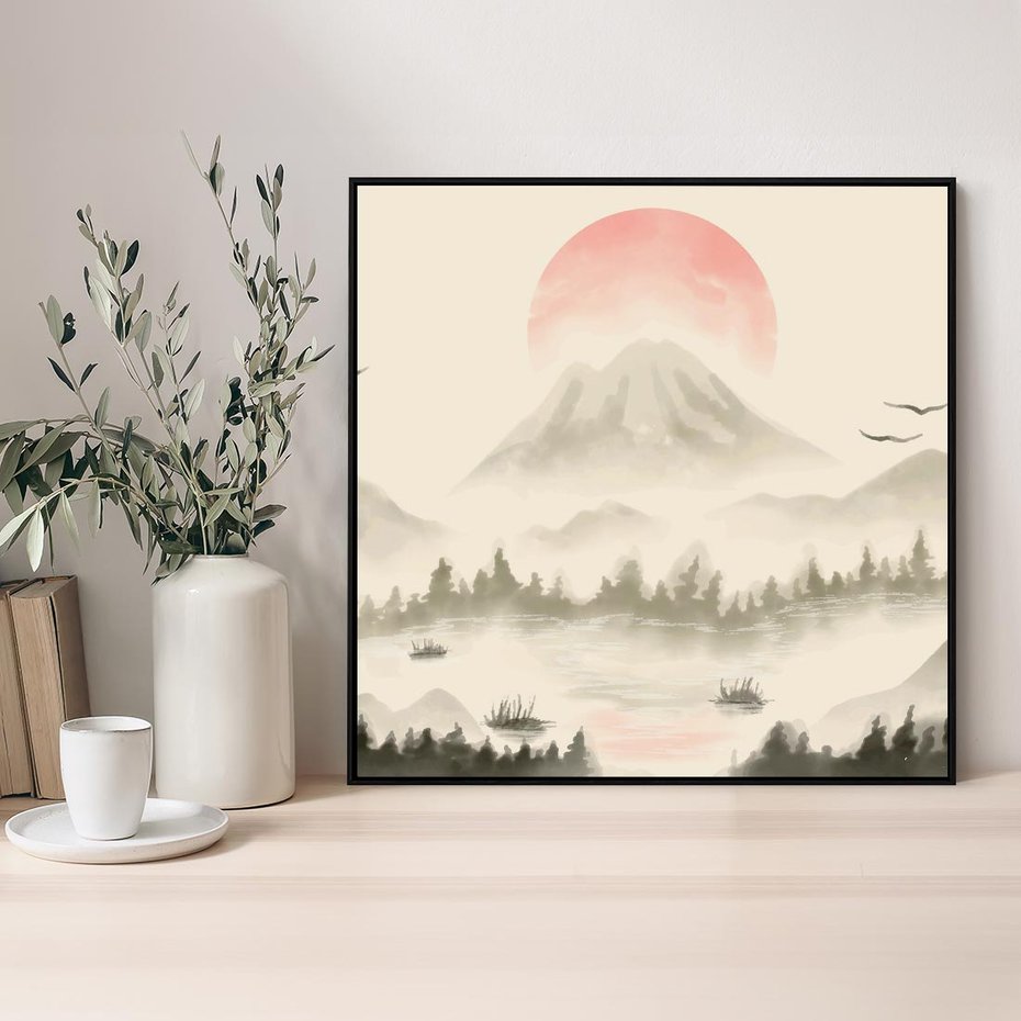 Obraz w ramie 50x50 - Przyroda Japonii - japońska akwarela, góry - rama czarna