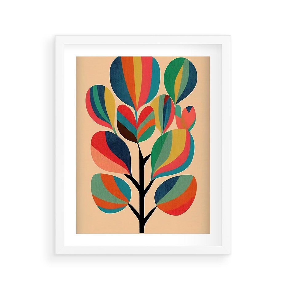 Plakat w ramie 40x50 - Harmonia Rozplątanych Form - abstrakcyjny kolorowy tęczowy obraz, inspiracje roślinne - rama biała