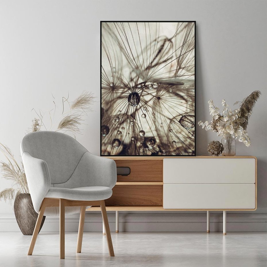 Obraz w ramie 70x100 - Lekkie dmuchawce - dmuchawce, krople - rama czarna