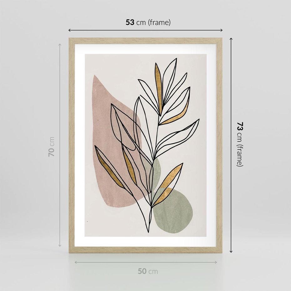 Plakat w ramie 50x70 - Impulsy Subtelnej Harmonii - abstrakcyjny obraz boho, liście - rama drewno
