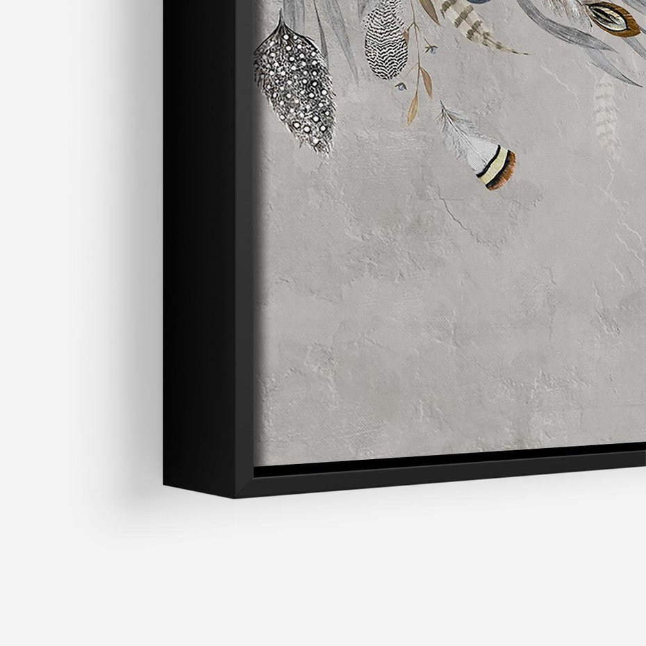 Obraz w ramie 50x50 - Sploty losu na płótnie - kompozycja boho piór, indiańskie pióra - rama czarna