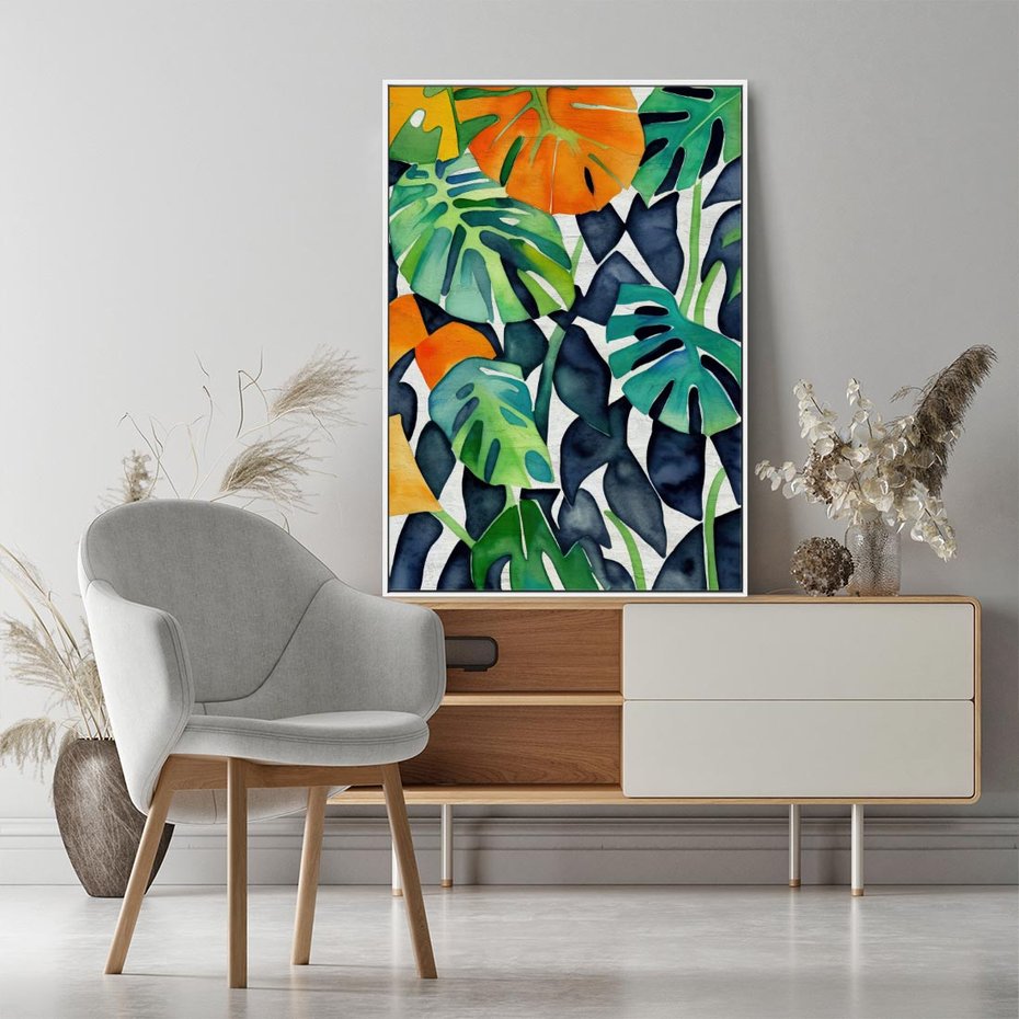 Obraz w ramie 50x70 - Tropikalne Pragnienia - akwarela, liście tropikalne - rama biała