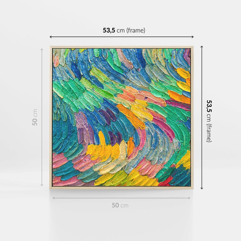 Obraz w ramie 50x50 - Egzotyczne Pióra - abstrakcyjne dzieło, farby olejne - rama drewno