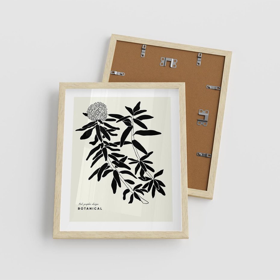 Plakat w ramie 40x50 - Szept kwiatowej wyobraźni - czarno biała grafika, roślinność - rama drewno