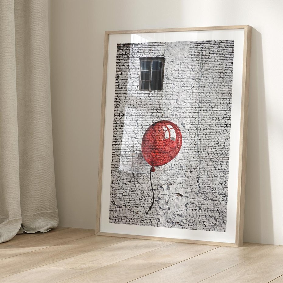 Plakat w ramie 50x70 - Mur Balonów - mur, balon - rama drewno