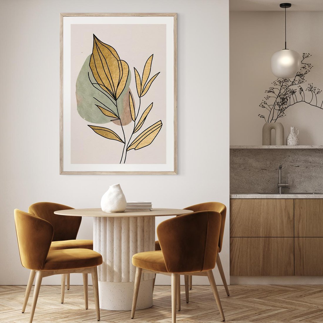 Plakat w ramie 40x50 - Rozkwitające Wnętrza Światła - abstrakcyjny obraz boho, liście - rama drewno