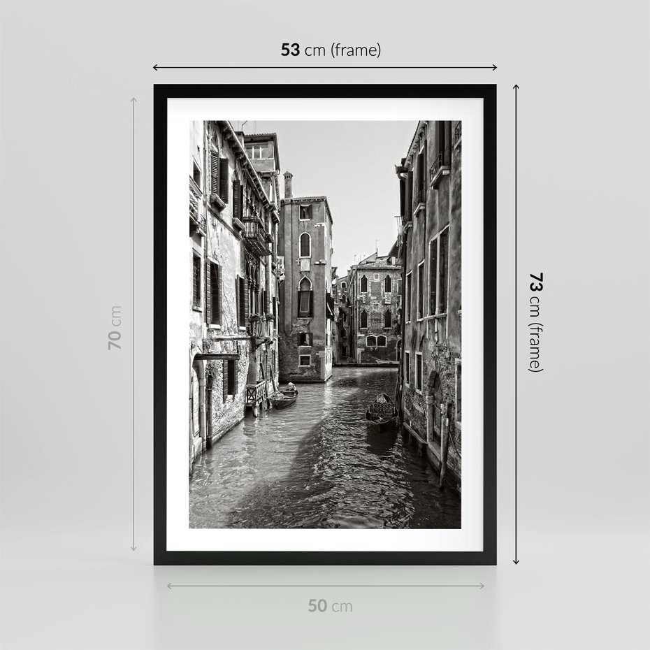 Plakat w ramie 50x70 - Weneckie Kanały - czarno białe zdjęcie, wenecja - rama czarna