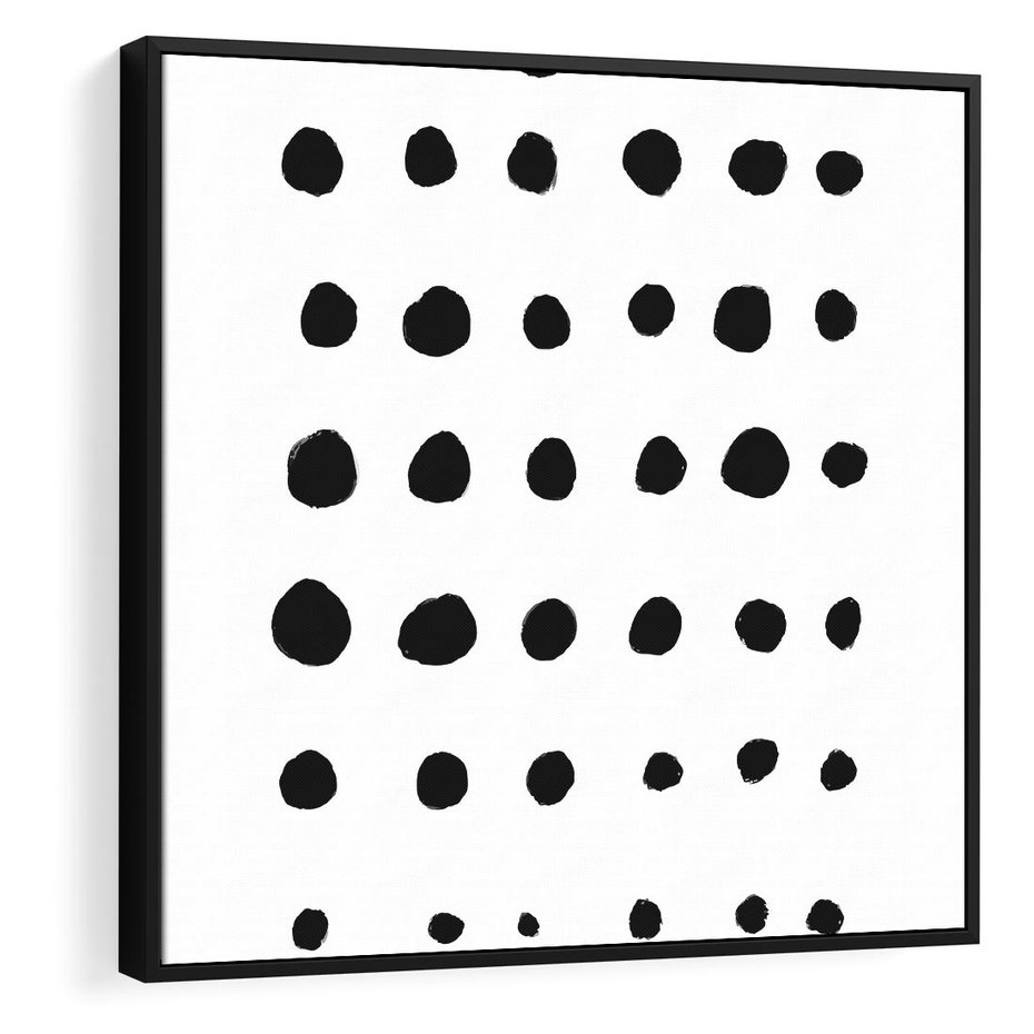 Obraz w ramie 50x50 - Refleksje Światła - minimalistyczna kompozycja, czarne kropkina białym tle - rama czarna