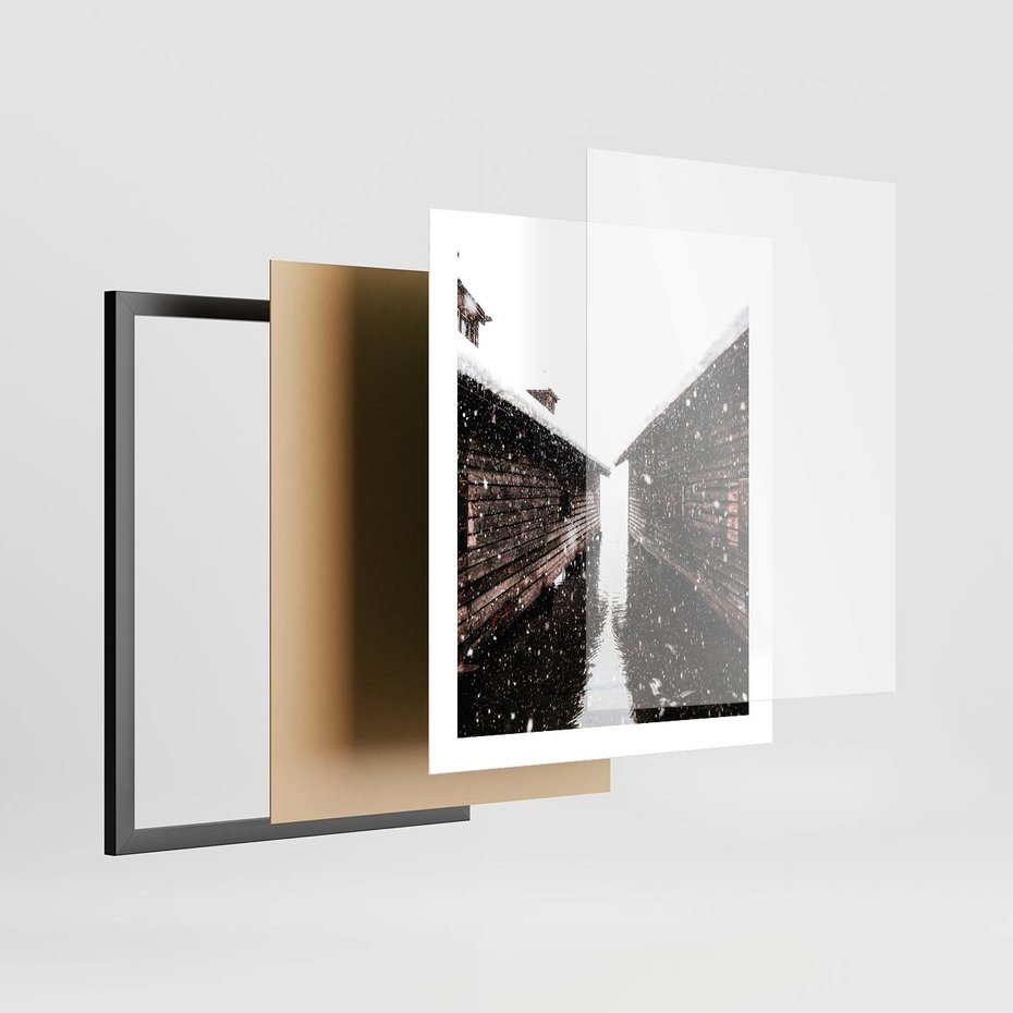 Plakat w ramie 40x50 - Spadający Śnieg - domek górski, w zimie - rama czarna