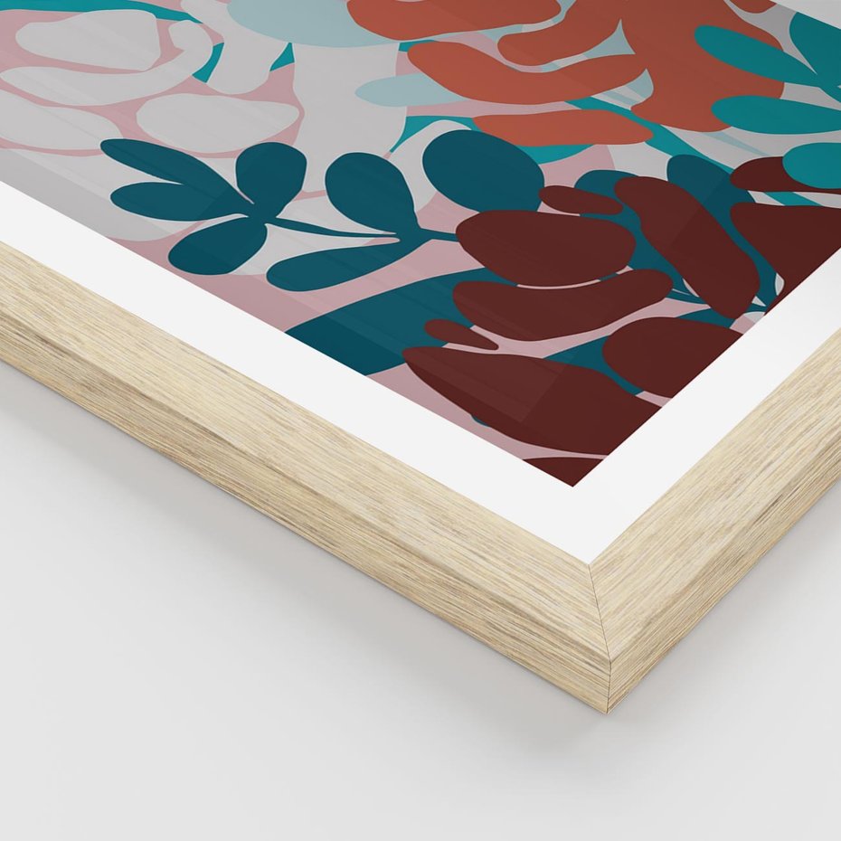 Plakat w ramie 50x70 - Impresje Kształtów - abstrakcyjna kompozycja kwiatowych form, kolor zgaszone - rama drewno