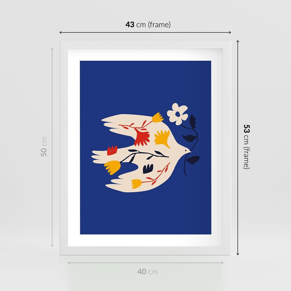 Plakat w ramie 40x50 - Bezczasowy Szept - niebieskie tło, abstrakcyjny biały ptak - rama biała