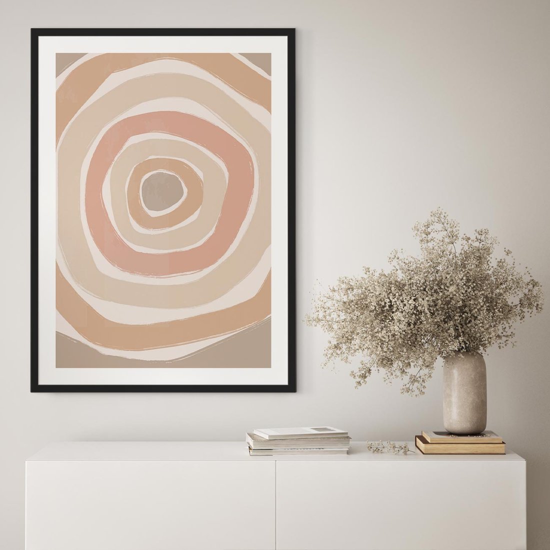 Plakat w ramie 50x70 - Roztopione Granice - abstakcyjne koła, delikatne odcienie beżu - rama czarna